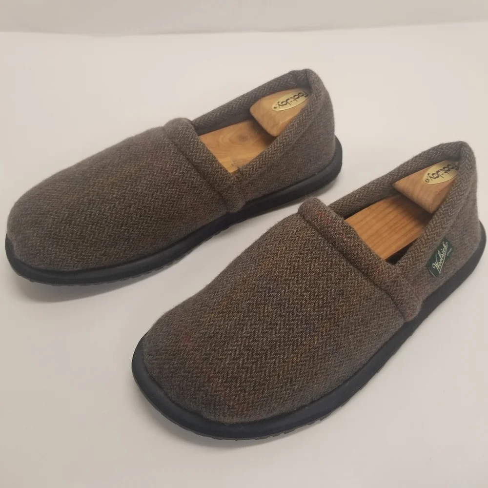 Woolrich Mens Size 12 Moccasin Slipper Tan Wool Tweed Sherpa Lining Comfort